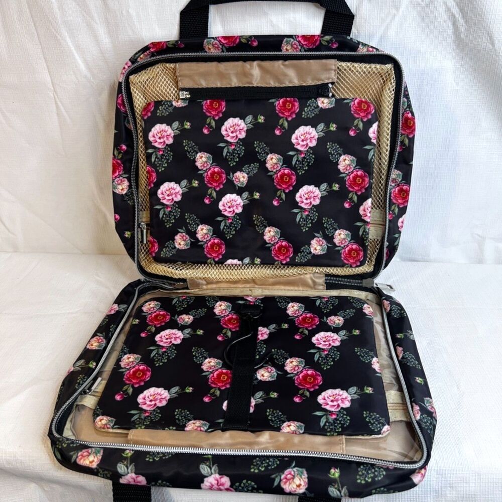 Clearlove NWT Black Floral Print Zip Travel Hanging Toiletry Bag College Dorm